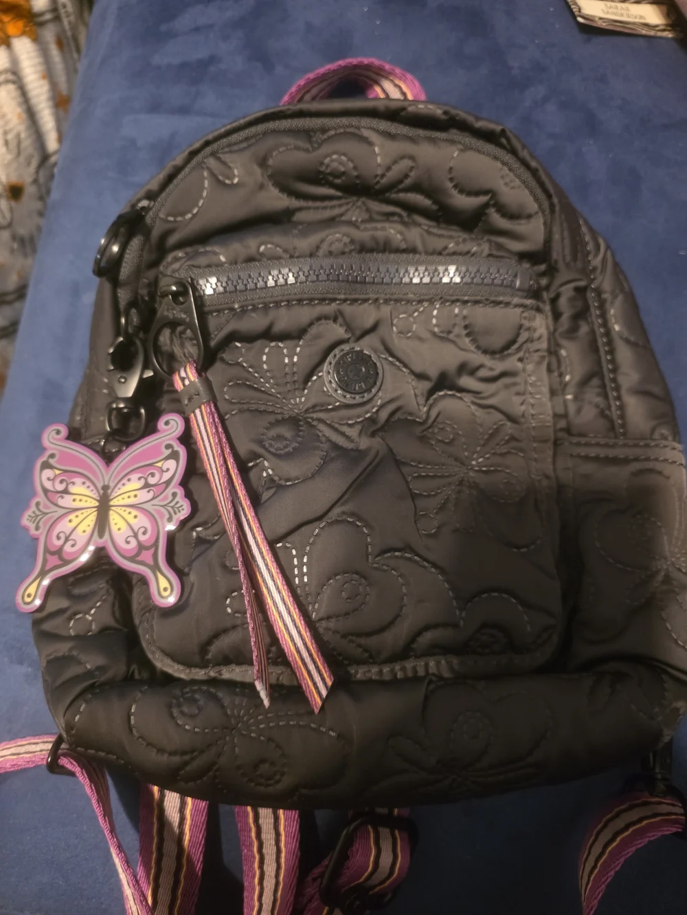 Kipling Anna SUI GREY Quilted Mini Backpack with PURPLE Accent Straps